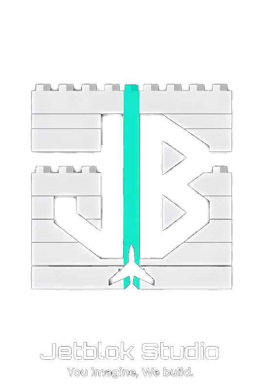 JetBlok Studio logo built from bricks with a jet and teal trail