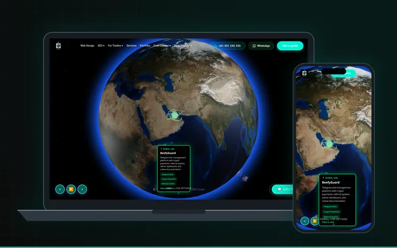 JetBlok Studio interactive 3D portfolio globe showing project markers on a laptop and phone